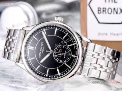 Fake Patek Philippe Calatrava Moonphase Black Dial Stainless Steel Men Watch